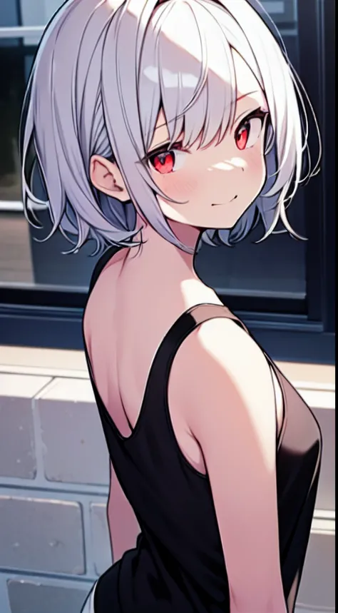 masutepiece, Best Quality,Illustration, Wallpaper, Ultra Detail, 1girl in,Solo,Beautiful detailed eyes, red eyes, Very thick contour lines、Medium Short-Cut Hair、Short、(Tight black tanktop)、White hair color、A smile、Walking next door、Kamimei、Overlooking angl...