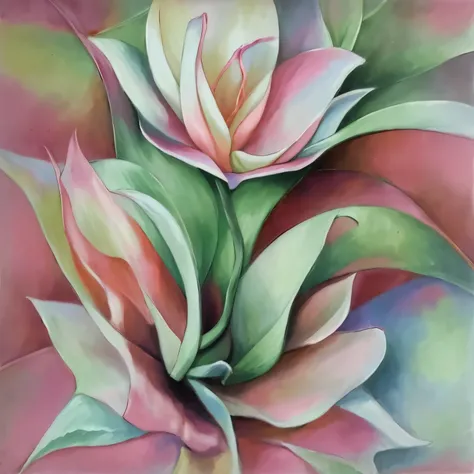 painting of a pink and green flower with green leaves, soft airbrushed artwork, airbrush on canvas, pastel art, pastel artwork, ...