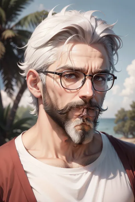 Dark white red pent tshirt and nature and sky background with glasses-free gray hair with beard and short mustache messy hair