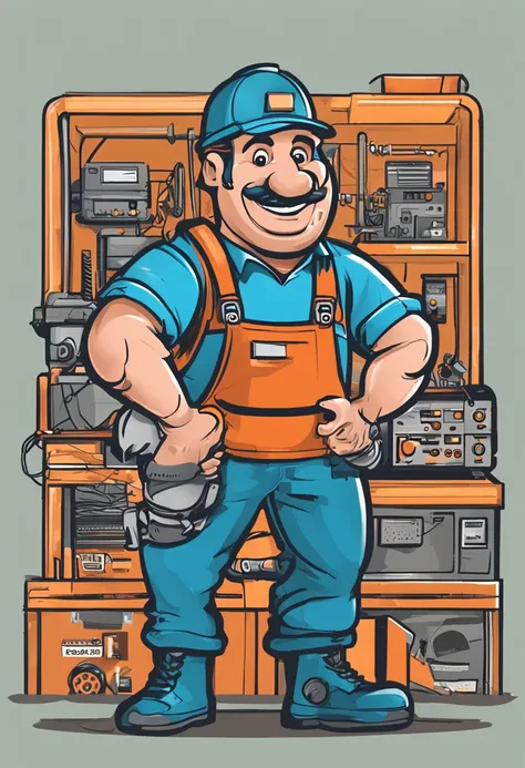 Create a detailed and visually appealing logo for an electronics repair shop named "Eletro-Rec." The logo should feature a friendly and approachable cartoon character, symbolizing a skilled repairman. The character should be dressed in a repairmans outfit,...