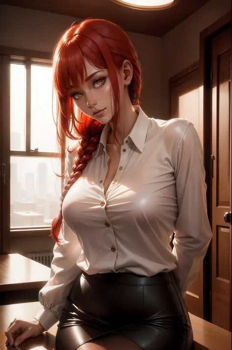 Makima from chainsaw man, there is a desk in a room with a window and a lamp, Makima is sitting at the desk, red hair, glistening yellow eyes, detailed face, soft lips, soft skin, extremely detailed face, perfect quality, wet skin and hair, medium soft bre...