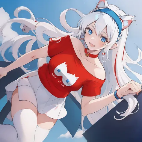 ((((1 woman)))), fullbody, ((((cat logo tee)))), red tee, ((((drop shoulder tee)))), red necklace, white tutu skirt, ((((white hair)))), ((((blue eyes)))), long hair, happy, smile, 18 year old, dynamic angle, ((((blue hairband)))), beautiful detailed sky