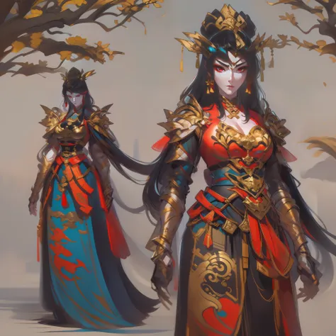 Close-up of a short woman in her 30s, Red eyes and black hair, Dressed in a red and black dress, Red-eyed Chinese queen, Female swordsman, China Princess, Standing in a Chinese temple, new costume concept design, In the style of blade and soul, full body c...