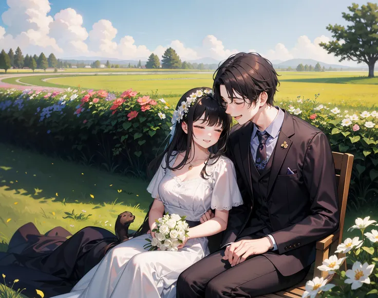 couple, 1girl, 1boy, the boy sleep on the girls lap, smile, laugh, romantic atmosphere, behind the flower, flower field, blue sky, landscape