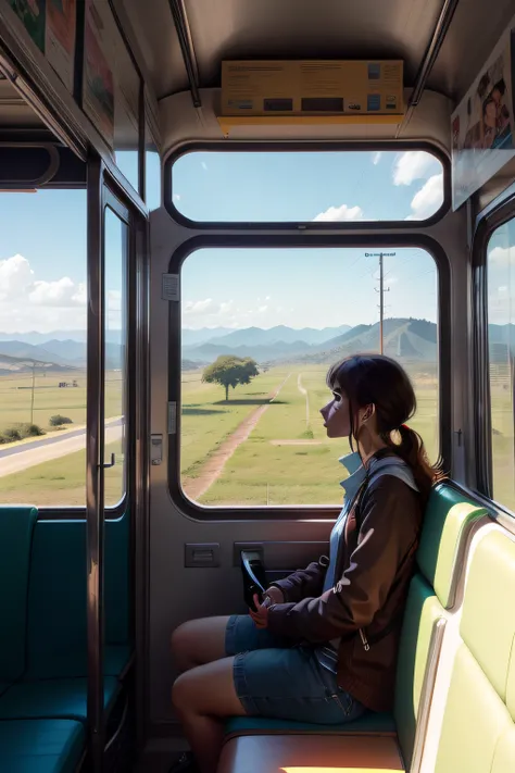 persona sentada en un colectivo mirando por la ventana un paisaje llano