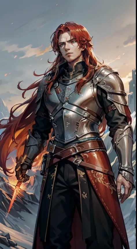 a 23-year-old man with long red hair and orange eyes, his armor is red and gold, has dragon scales and a band of white fabric on...