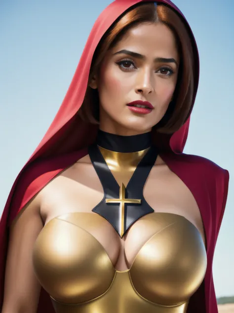 Salma Hayek, ginger hair,(stylish bob haircut), (natural big breasts), wearing ((warrior nun), superhero tight suit)1.2, (cleavage with gold cross plastron between natural boobs)1.4, (red lips lipstick), Realistic, perfect lighting, hyper realistic