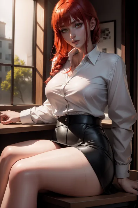 Makima from chainsaw man, there is a desk in a room with a window and a lamp, Makima is sitting at the desk, red hair, glistening yellow eyes, detailed face, soft lips, soft skin, extremely detailed face, perfect quality, wet skin and hair, medium soft bre...