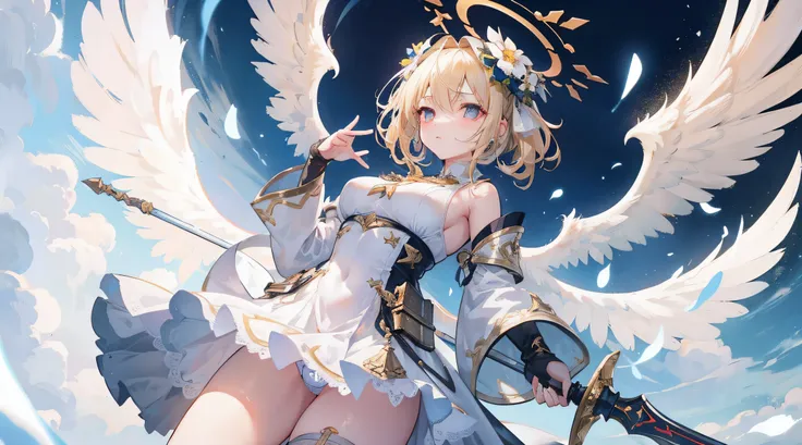 A girl with a halo on her head floats in the air，Holding a giant sword in his hand。Six pairs of huge white wings，huge tit，Blonde hair，Golden glowing eyes，divino，Misty，ribbon，Fog surrounds，clear sky background，extreme hight detail，White lace underwear，Show ...