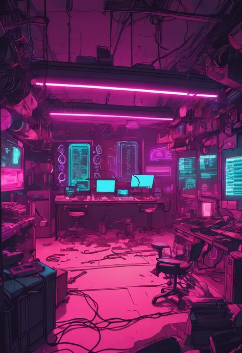 Cyberpunk workshop with white neon lighting