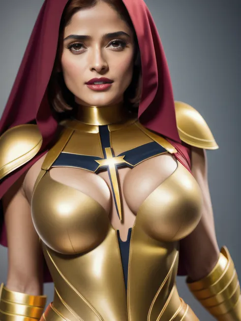 Salma Hayek, ginger hair,(stylish bob haircut), (natural big breasts), wearing ((warrior nun), superhero tight suit)1.2, (cleavage with gold cross plastron between natural boobs)1.4, (red lips lipstick), Realistic, perfect lighting, hyper realistic