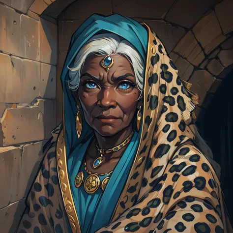 Bad Elderly Dark Skin Woman. Blue Eyes. Leopard Eara. Medieval art. Elderly Woman