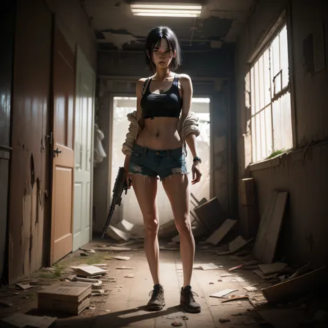 black hair, lone woman, pale skin, dirty skin, post-apocalypse setting, inside abandoned store, holding gun, aiming gun at viewer, full body image, very tattered clothing, small breasts, no jacket, tank top, (highly detailed, highly realistic)