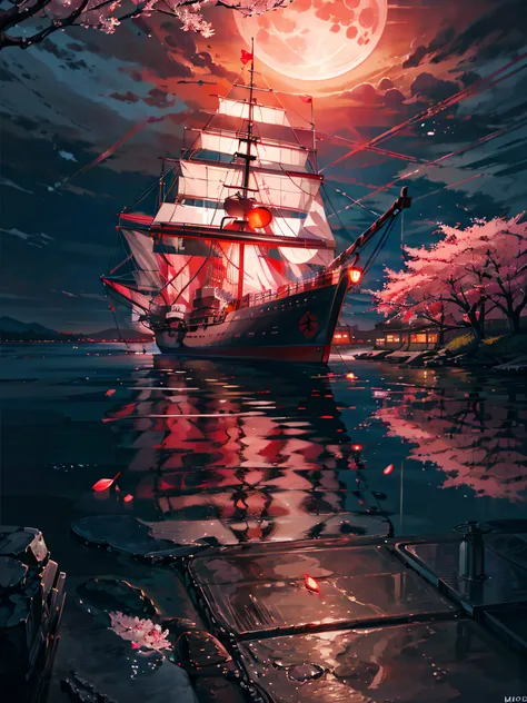 Night time, a ancient marchent ship , sailing, crimson moon ,red cherry trees, river ,high tide,rock, calm, mesmerizing view, moonlight scenary,mesmerizing view,,digital painting,wind up,concept art, illustration,((light red theme))