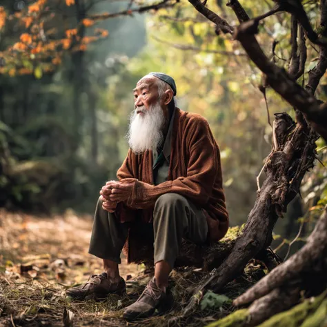 Old man, big white beard, sitting on tree stump, thoughtful and lost look, wise old Chinese.