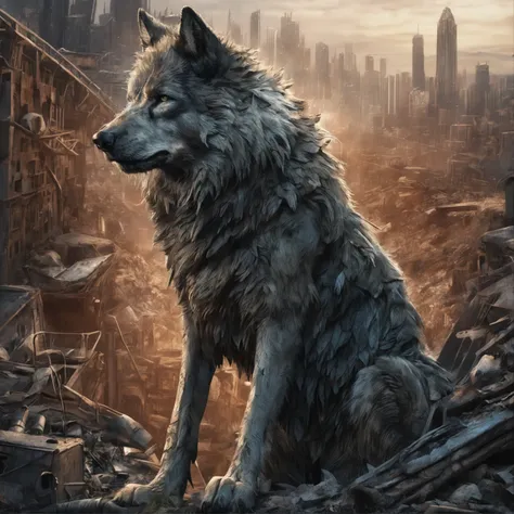 extreme detail, 8k, ultra quality, masterpiece, illustration, photorealistic, hyper realistic, intricate sharp details, dramatic lighting, oil painting, detailed eyes, detailed face, the world is bleak and desolate as a wolf stares off into the ruins of an...