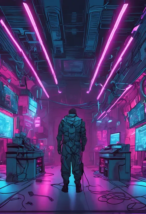 Cyberpunk workshop with blue neon lighting