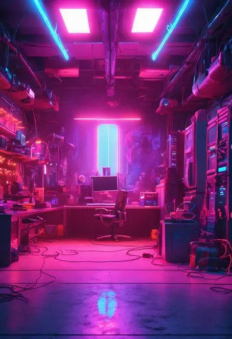 Cyberpunk workshop with blue neon lighting