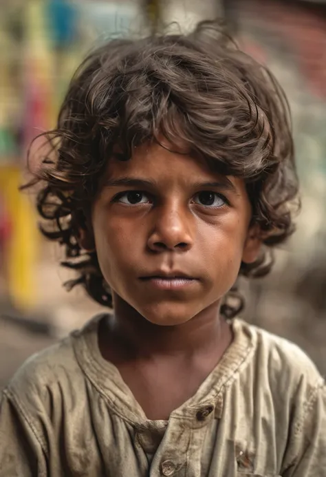 crie um menino de 8 anos, pintor, with a palette of paintings in one hand and a brush in the other hand, saindo cores do pincel, iagem realista, menino branco, nem magro nem gordo, de cabelos castanhos e lisos, e olhos castanhos