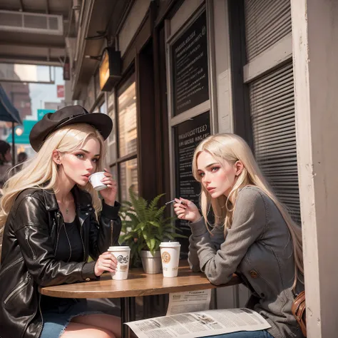 16k hyper-realistic image of two beautiful women, Geovana blonde and Keron, a brunette woman, drinking coffee in a cafe and reading newspapers. Feature a beggar asking for food. social inequality. --auto --s2