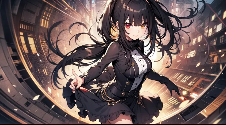 1 girl, black hair, black clothes for legs, dress, heterochromia, long hair, looking at the lens, medium brow, red eye, smile, solo, navels in the form of characters, hips, tokisaki kurumi, two ponytails, yellow eyes, ((mastepiece)), ((Best Quality)), (Ult...