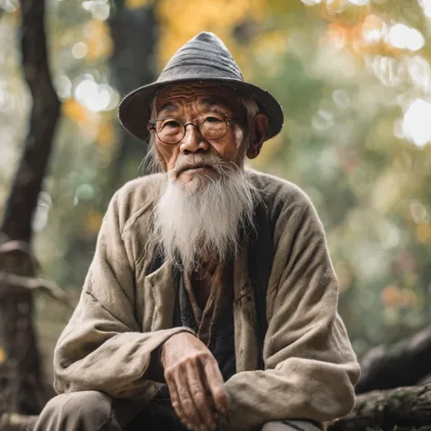 Old man, big white beard, sitting on tree stump, thoughtful and lost look, wise old Chinese. Realistic image, isolated place.