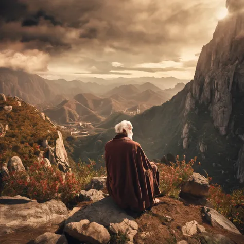 Old man, big white beard, sitting on tree stump, thoughtful and lost look, wise old Chinese. Realistic image, isolated place.