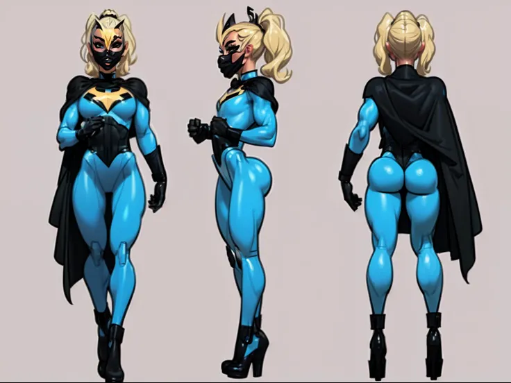 ((masterpiece)),(((best quality))),((character design sheet)), ((full body view)) illustration,1girl, muscular, ((blue bodysuit:1.5)), (masked face:1.6) (black mask:1.6) superhero, (black ponytail:1.4), (puffy lips:1.6) (black cape:1.4) beautiful woman, (s...