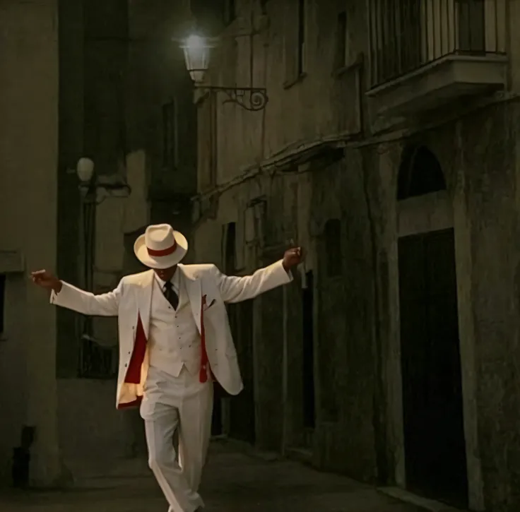 Araffe dressed in white suit and hat walking down a street, white suit and hat, cena de supplizia, inspirado em Candido Bido, captura de tela do filme, de uma cena de filme, michael jackson moon dance, Ainda de LEstate, Filme perfeito, fellini 1977 technic...