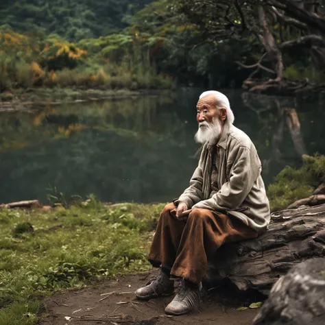 Old man, big white beard, sitting on tree stump, thoughtful and lost look, wise old Chinese. Realistic image, isolated place.