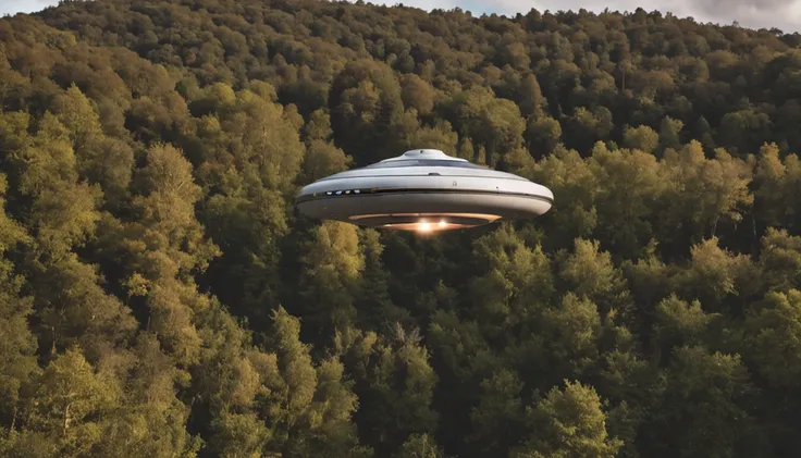 Una nave UFO flotando en el aire sobre un paisaje de bosque y granja.