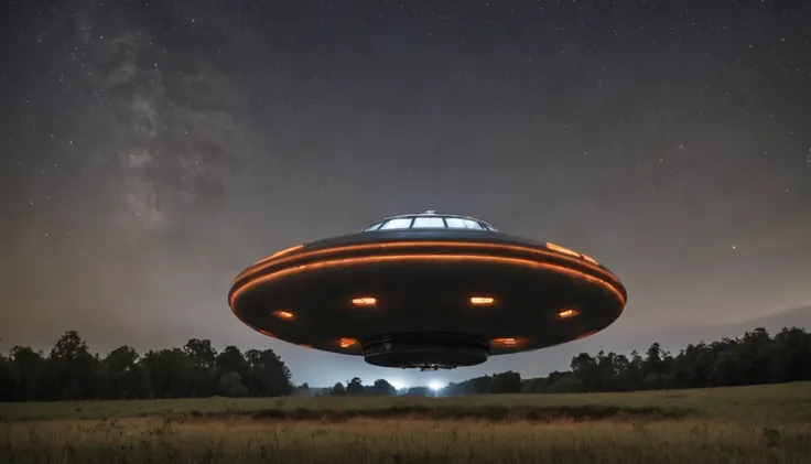 una nave ufo flotando en el aire se ve a lo lejos sobre un paisaje de bosque y granja en la noche