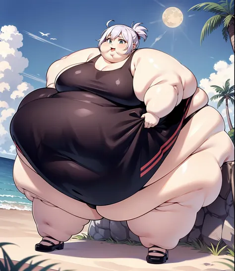 1 chica en, baby, small girl, pelo corto, cabello multicolor, pink swimsuit, en la playa, una luna de fondo, sonrisa, gordo, muy gordo, morbidly obese, Obesidad extrema extrema, immonile obeso, Mancha obesa, Masa de grasa extrema, cara obesa, muslos muy go...