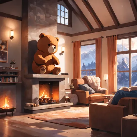 a close up of a living room with a teddy bear dancing, wearing head phones, modern rustic, warm living room, integrated in the mountains, cozy living room, cozy living room interior, cozy contemporary living room, sitting in rural living room, warm interio...