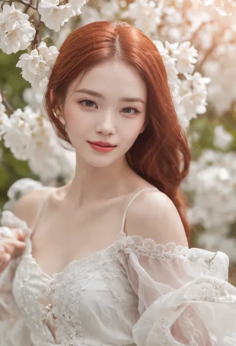 8K high-definition video, A young woman of unusual beauty is the central focus. Her red hair, Long and flowing, Cascade on shoulders and back, Seems to glow like a ruby thread in the light. His light brown eyes are deep and expressive, Capture the light da...