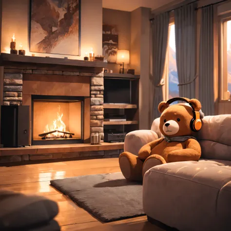 a close up of a living room with a teddy bear listening to headphones, wearing head phones, modern rustic, warm living room, integrated in the mountains, cozy living room, cozy living room interior, cozy contemporary living room, sitting in rural living ro...