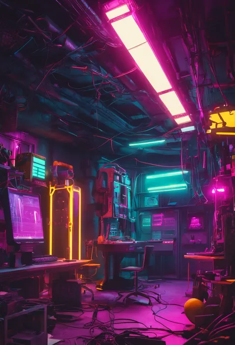 Cyberpunk workshop with yellow neon lighting