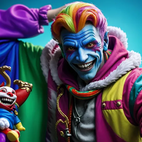 Shaco-like character, fool man, blood, court jester, evil smile, rotten teeth, colorful clothes, background with toys, bright and cold colors, 8k quality, cinematic focus