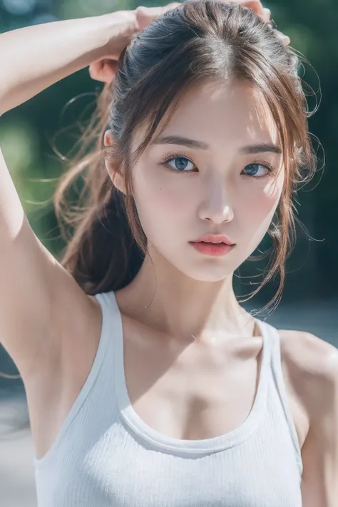 ((Best quality, 8k, Masterpiece :1.3)), 1girl, Pretty woman with emphasizing slender abs :1.3, (random hairstyles :1.2), Oversized tank top :1.2, Ultra-detailed face, Detailed eyes, Double eyelid, armpit