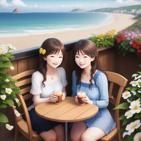 cafe with sea view　Mother and daughter　Full of flowers　a smile　blue-sky