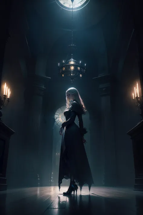 there is a woman standing in a dark room with a clock, dramatic lighting. concept art, concept art stunning atmosphere, gothic epic library concept, ornate borders + concept art, concept art magical highlight, magical concept art, painterly concept art, ee...