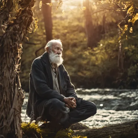 Old man, big white beard, sitting on tree stump, thoughtful and lost look, wise old man. Ancient realistic image, isolated place.