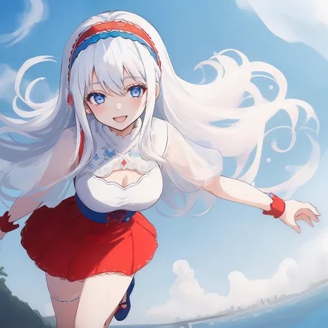 ((((1 woman)))), fullbody, lace top, red necklace, mini skirt, ((((white hair)))), ((((blue eyes)))), long hair, happy, smile, 18 year old, dynamic angle, ((((blue hairband)))), in the tokyo