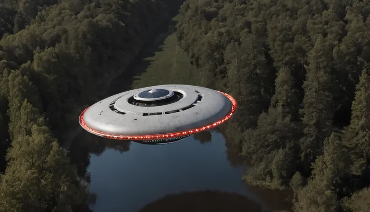 se ve una nave ufo flotando en el aire sobre un bosque de noche