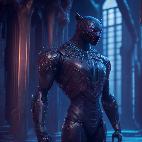 somber portrait of full body robotic Black Panther from Marvel with intricate angular cybernetic implants inside a brutalist building, gothic old house, cyberpunk, award-winning photo, bokeh, neon lights, cybernetic limb