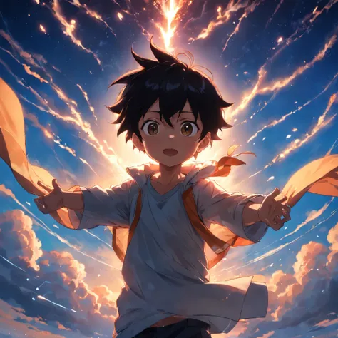 obra-prima, melhor qualidade, filme ainda, 1boy, garoto nuvem, floating into the sky, close-up, brilhante, feliz, Soft lighting and Warm, sun sunset, (Sparks: 0,7)