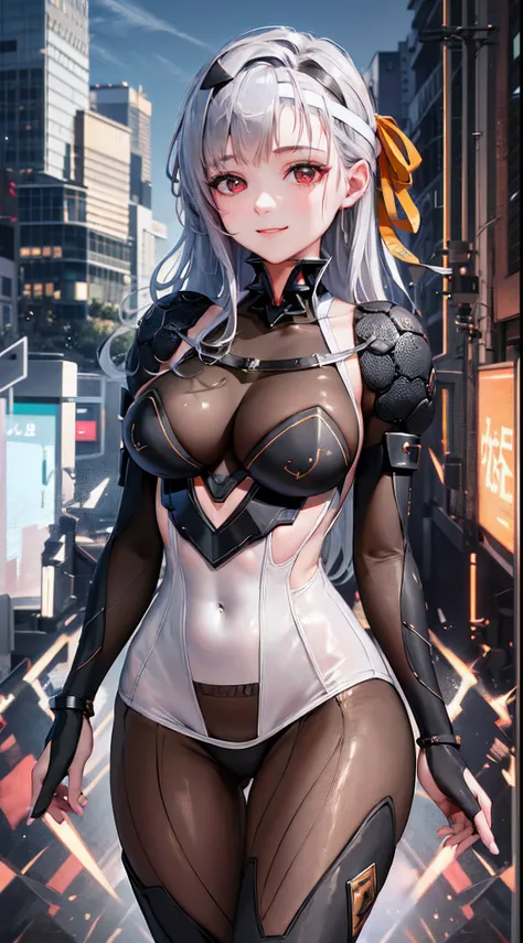 ((mastepiece)), ((Best Quality)), (Ultra-detailed), ((Extremely detailed)), 4K, (8K), Best Quality, masterpiece, best quality, absurdity, modernity, smile, look at the viewer, hands on the sides, bodysuit,