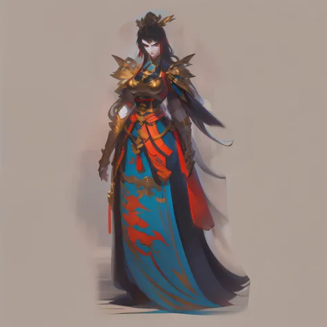 Close-up of a short woman in her 30s, Red eyes and black hair, Dressed in a red and black dress, Queen of China, Female swordsman, China Princess, Standing in a Chinese temple, new costume concept design, In the style of blade and soul, full body character...