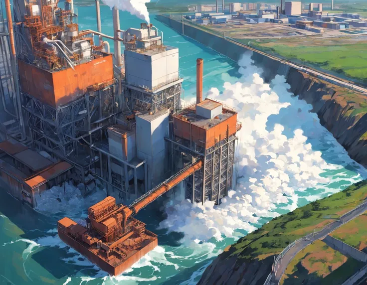 Zona de puerto industrial. Thermoelectric plant dumping industrial waste into the sea. Pulp mill dumping waste into a river. Agroindustrial plant pouring into the river that flows into the sea. Enfasis en los vertidos industriales al agua.