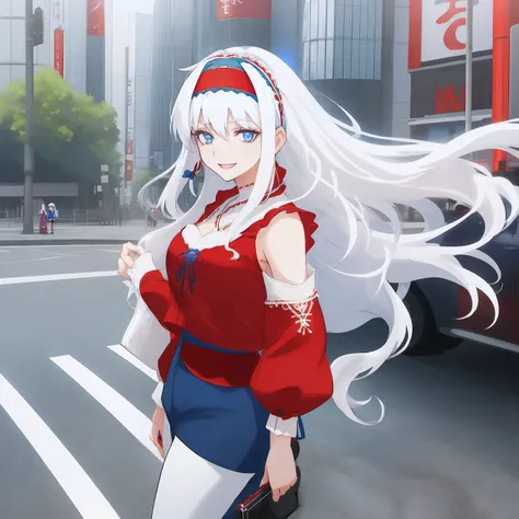 ((((1 woman)))), fullbody, lace top, red necklace, gaucho pants, ((((white hair)))), ((((blue eyes)))), long hair, happy, smile, 18 year old, dynamic angle, ((((blue hairband)))), in the tokyo, road